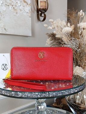 New Women's Red Faux Leather Double Zip Wristlet Wallet By Christian Lacroix